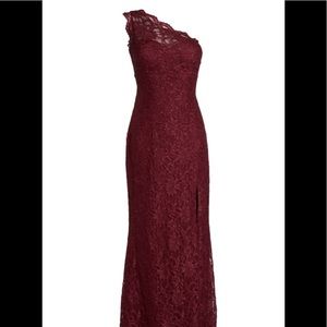One shoulder lace burgundy gown
